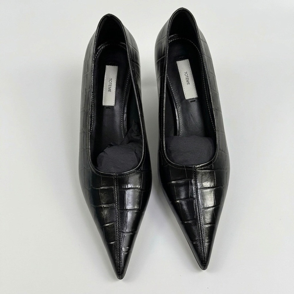 Toteme Size-EU 39 Black Croc Embossed Leather Pointed Toe Wedge Pumps - Picture 6 of 13